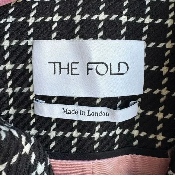 The Fold London Sloane Houndstooth 100% Virgin Wool Asymmetric Blazer SZ 8 /4 US